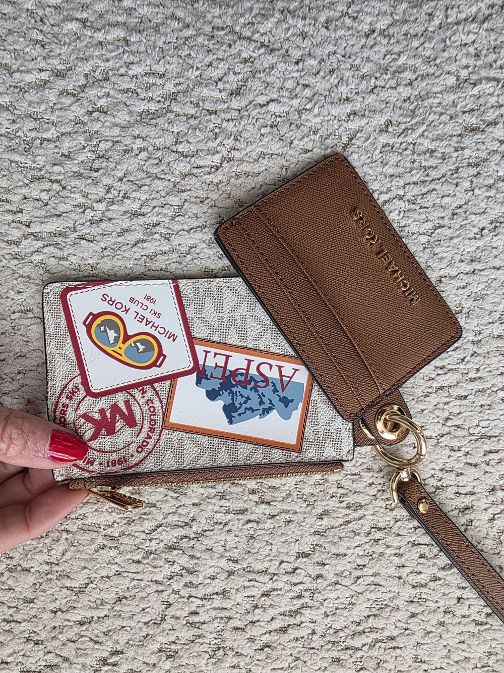 Michael Kors Patch Print Zip Card Case with Brown Card Holder/ID Wallet